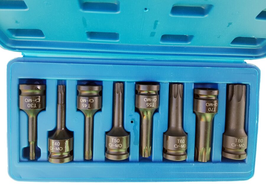 Impact Bit Socket Set | 12.5 mm (1/2") drive | T-Star (for Torx) T30 - T80 | 8 pcs (S1101) - S1101 salidzini kurpirkt cenas