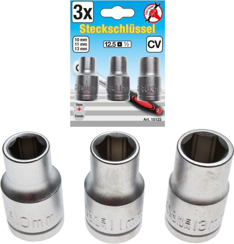 Muciņu komplekts | 12.5 mm (1/2") Drive | 10 - 11 - 13 mm | 3 pcs. (15123) - 15123 salidzini kurpirkt cenas