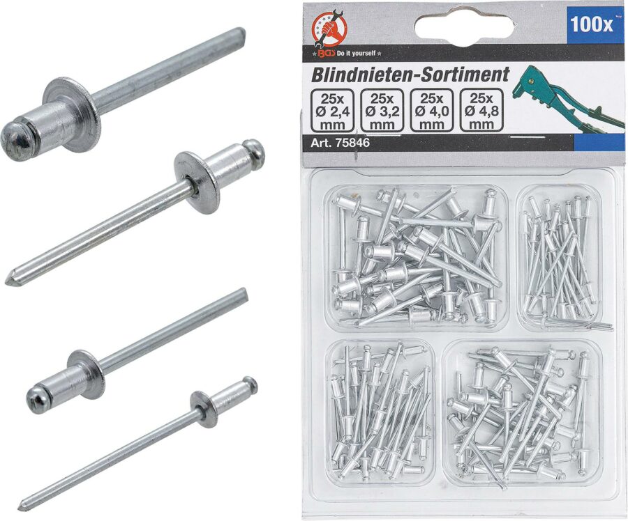 Blind Rivets Assortment | Ø 2.4 - 4.8 mm | 100 pcs. (75846) - 75846 salidzini kurpirkt cenas