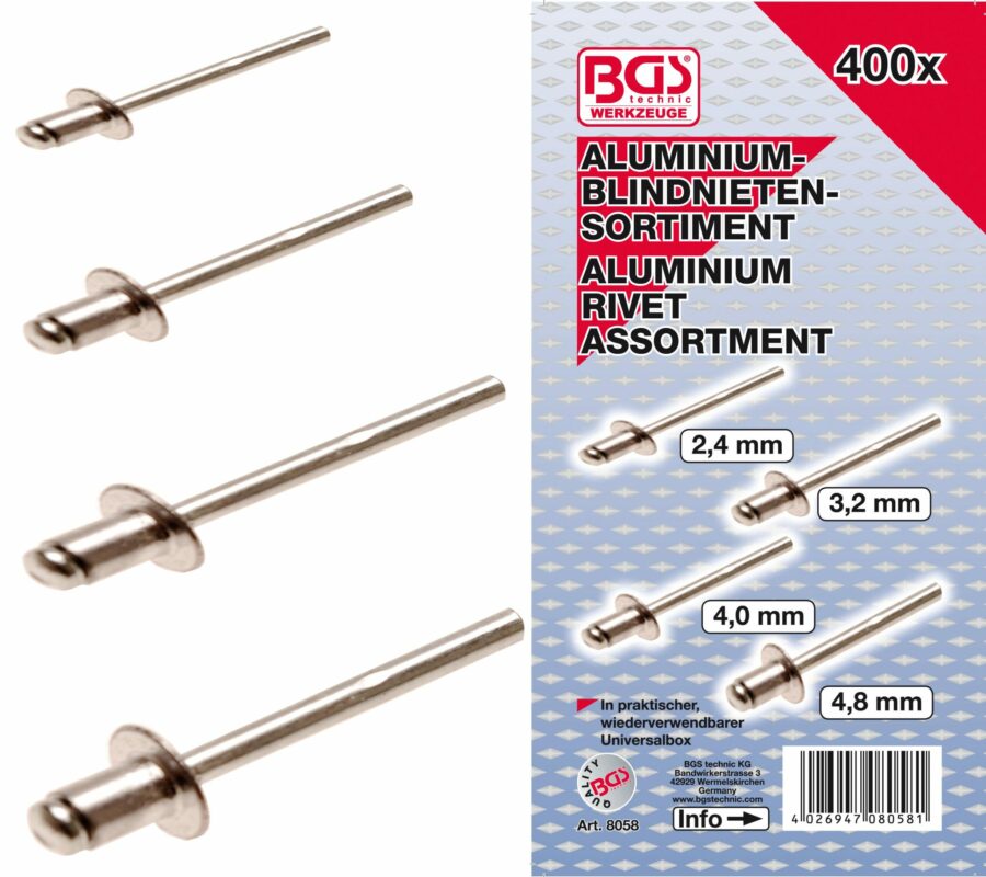 Blind Rivets Assortment | aluminium | Ø 2.4 - 4.8 mm | 400 pcs. (8058) - 8058 salidzini kurpirkt cenas