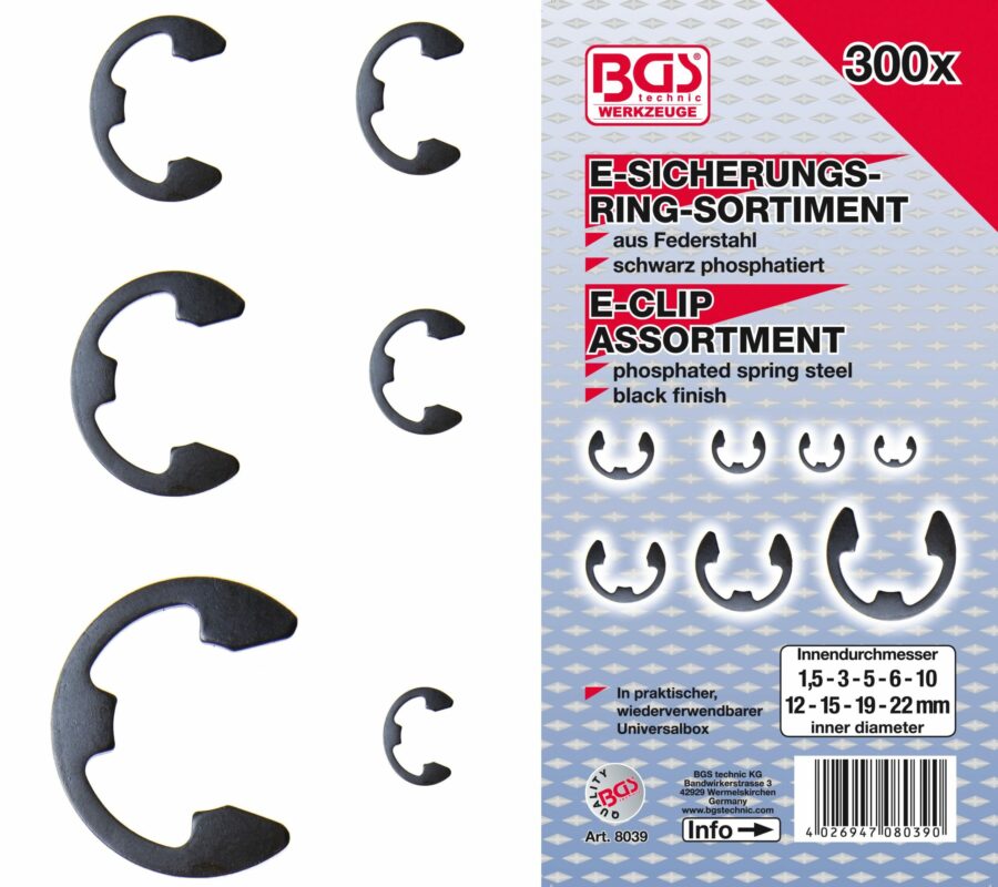 Metric E-Clip Assortment | 1.5 - 22 mm | 300 pcs. (8039) - 8039 salidzini kurpirkt cenas