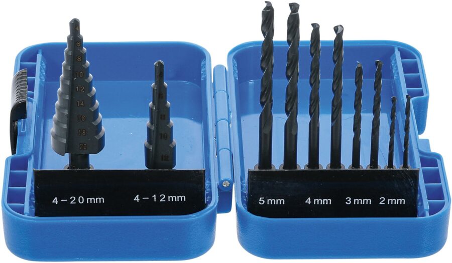 Step Drill and Twist Drill Set | Ø 4 - 12 / 4 - 20 mm | 2 - 5 mm | 10 pcs. (1686) - 1686 salidzini kurpirkt cenas