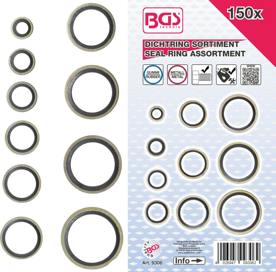 Seal Ring Assortment | metal | with Rubber sealing bead | 150 pcs. (9306) - 9306 salidzini kurpirkt cenas