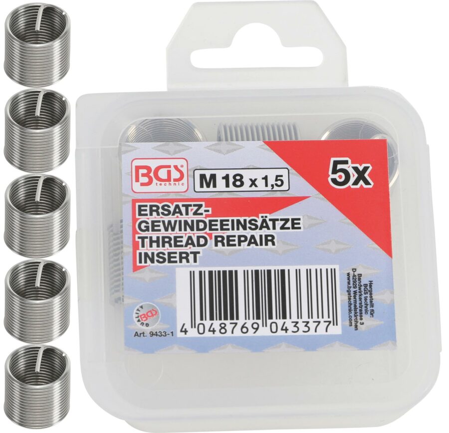 Replacement Thread Inserts | M18 x 1.5 mm | 5 pcs. (9433-1) - 9433-1 salidzini kurpirkt cenas